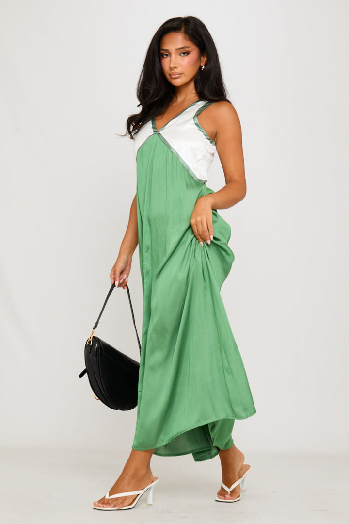 Valantomode | Elegant Green Satin V-Neck Sleeveless Maxi Dress