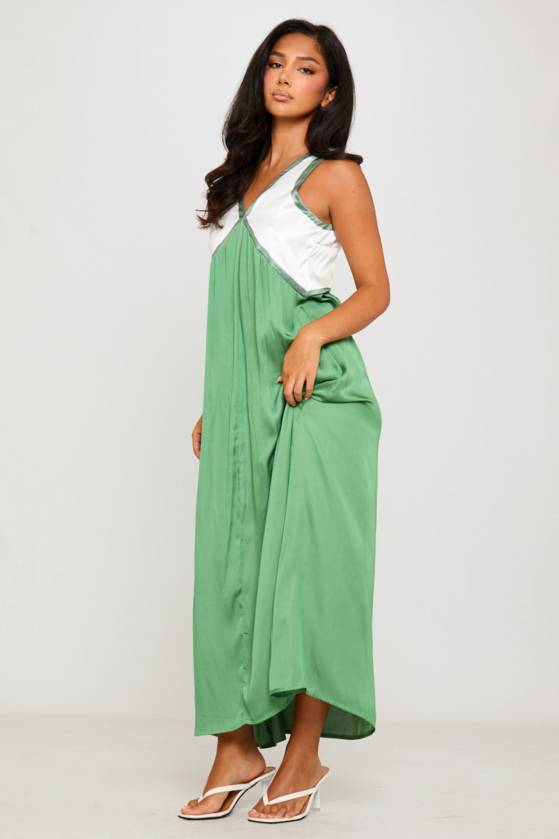 Valantomode | Elegant Green Satin V-Neck Sleeveless Maxi Dress