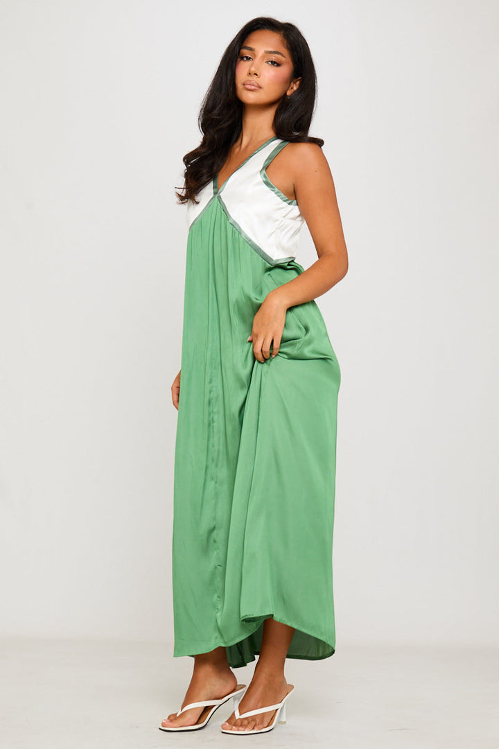 Valantomode | Elegant Green Satin V-Neck Sleeveless Maxi Dress