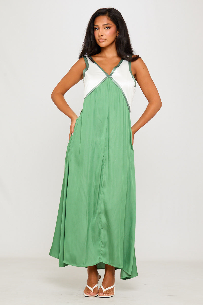 Valantomode | Elegant Green Satin V-Neck Sleeveless Maxi Dress