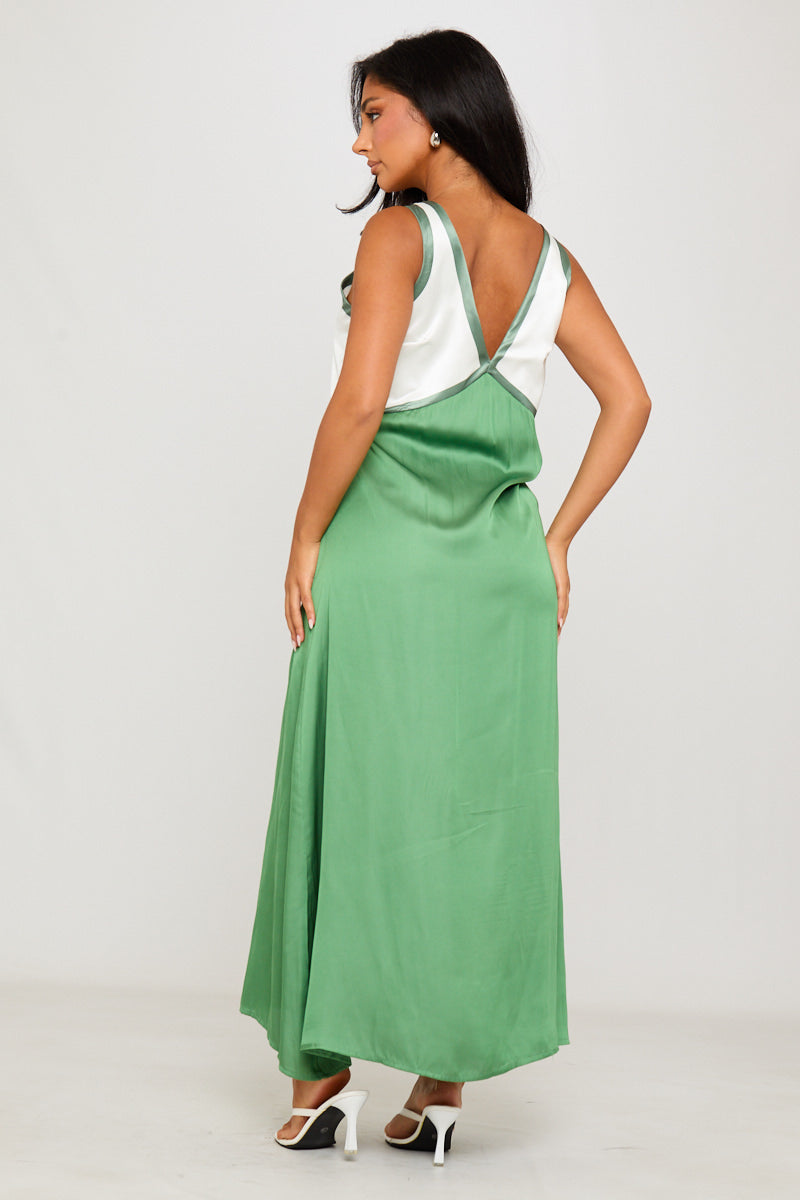 Valantomode | Elegant Green Satin V-Neck Sleeveless Maxi Dress