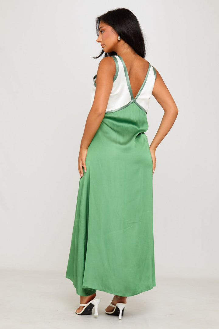 Valantomode | Elegant Green Satin V-Neck Sleeveless Maxi Dress