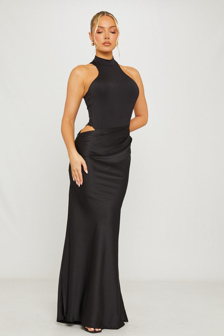 Valantomode | Chic Black Asymmetric Maxi Dress with Mock Neck Design