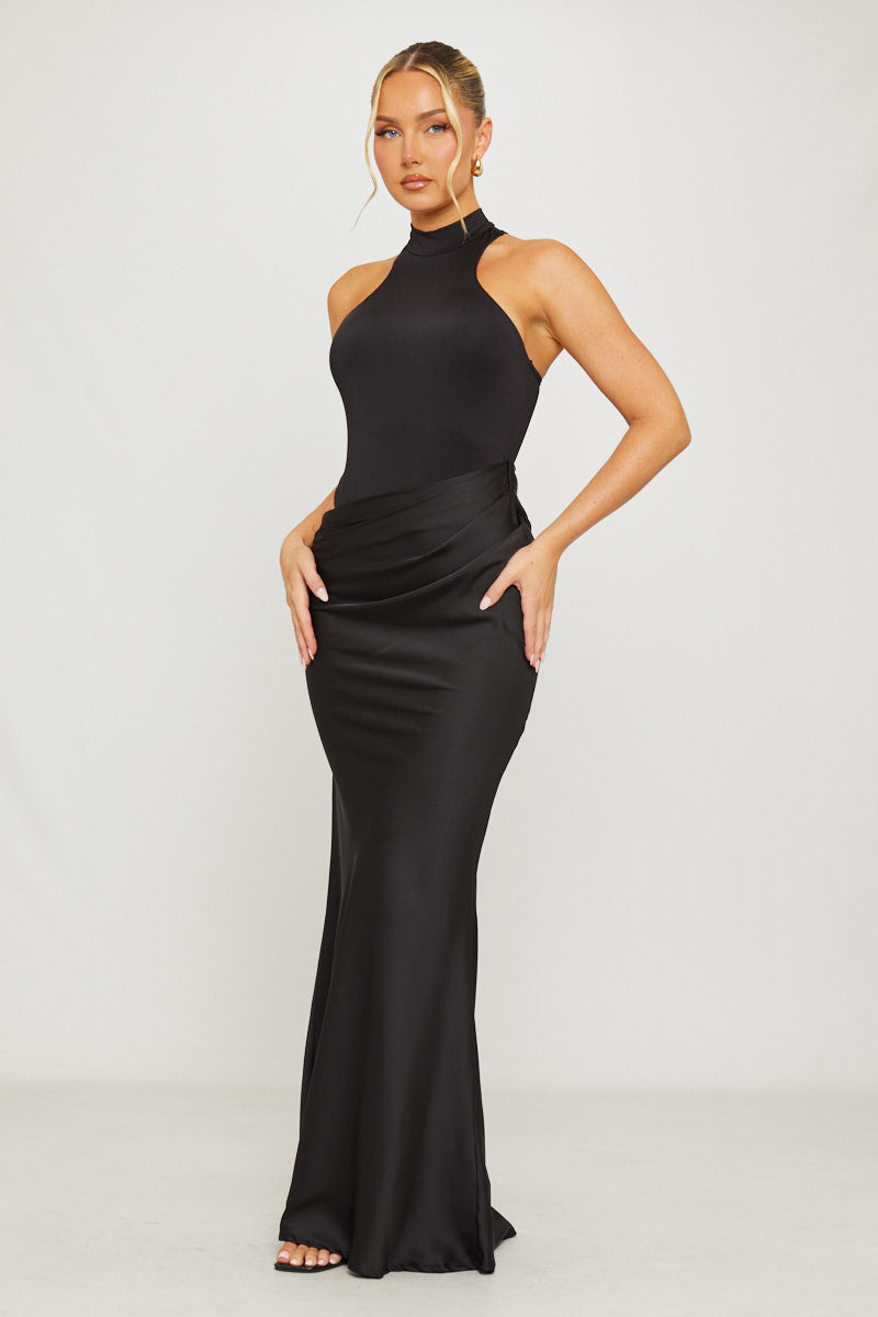Valantomode | Chic Black Asymmetric Maxi Dress with Mock Neck Design
