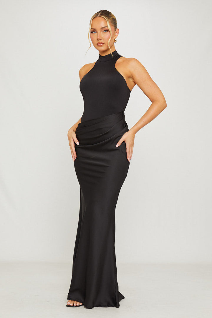 Valantomode | Chic Black Asymmetric Maxi Dress with Mock Neck Design