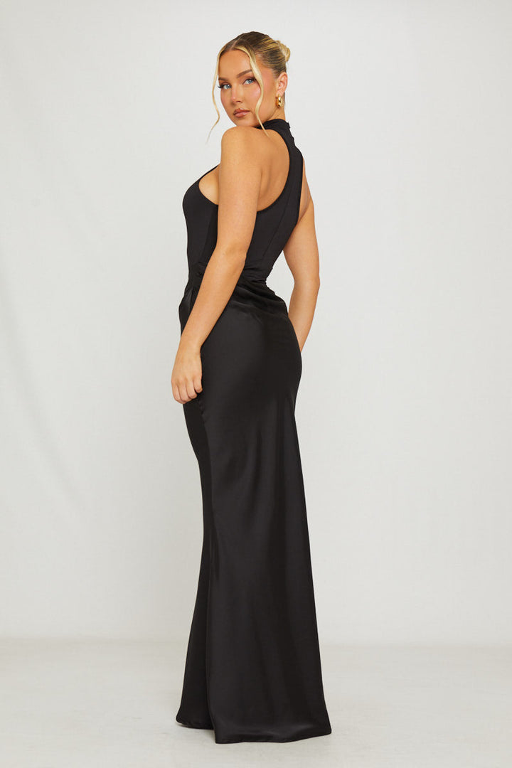 Valantomode | Chic Black Asymmetric Maxi Dress with Mock Neck Design