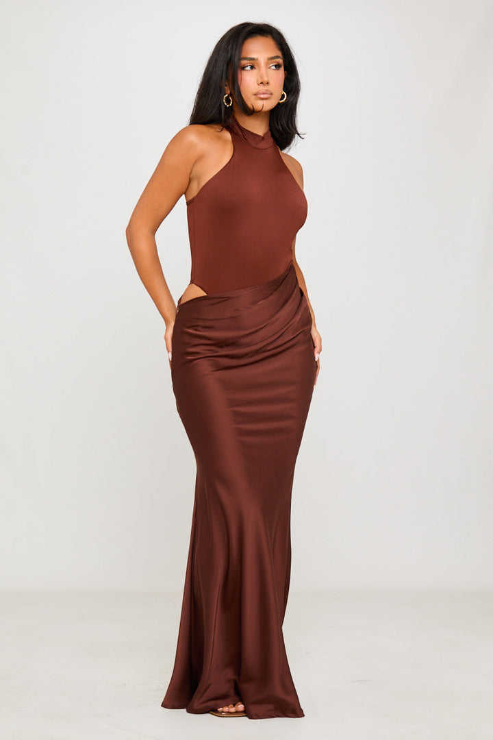 Valantomode | Chic Brown Asymmetric Maxi Dress with Mock Neck Design