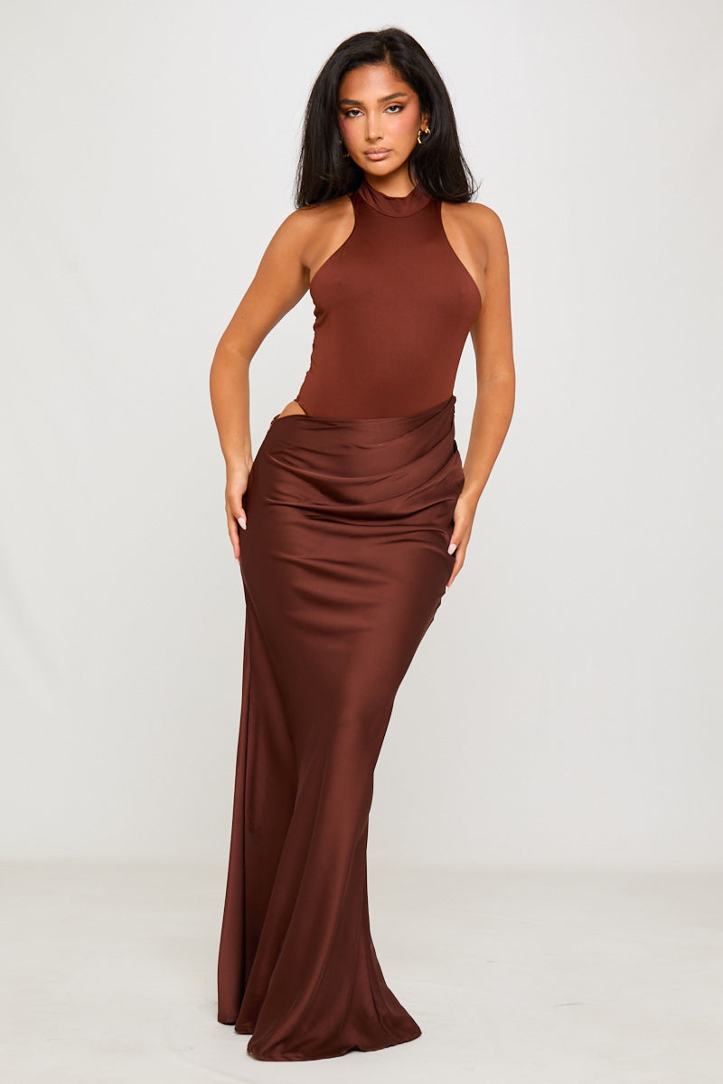 Valantomode | Chic Brown Asymmetric Maxi Dress with Mock Neck Design