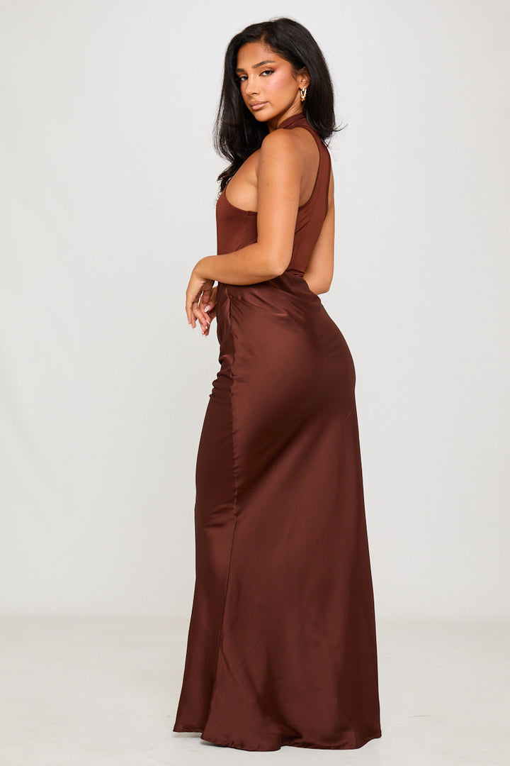 Valantomode | Chic Brown Asymmetric Maxi Dress with Mock Neck Design