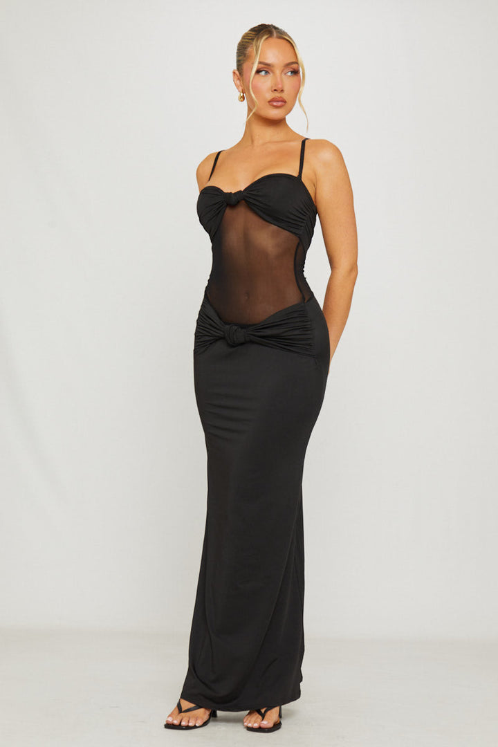 Valantomode | Elegant Black Sheer Panel Twist Maxi Dress