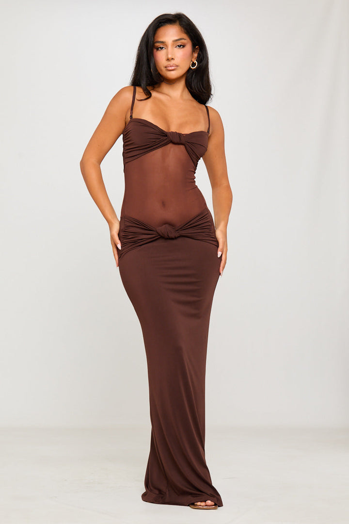 Valantomode | Chic Brown Sheer Maxi Dress with Twist Detail