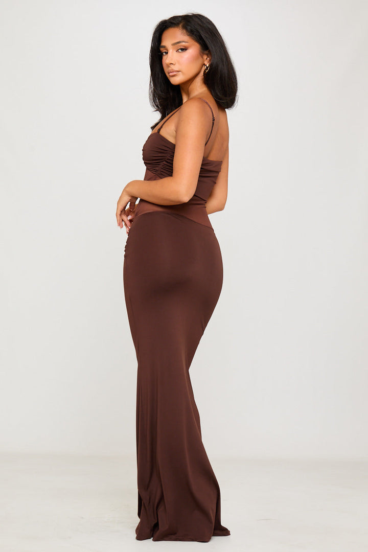 Valantomode | Chic Brown Sheer Maxi Dress with Twist Detail