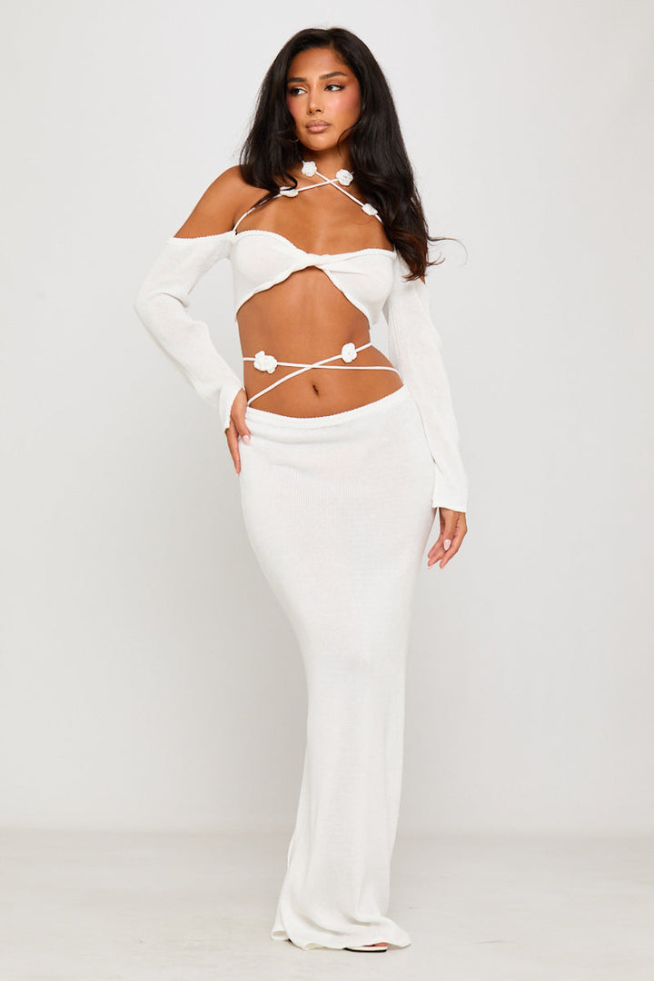 Valantomode | Chic White Knit Halter Top & Maxi Skirt Set