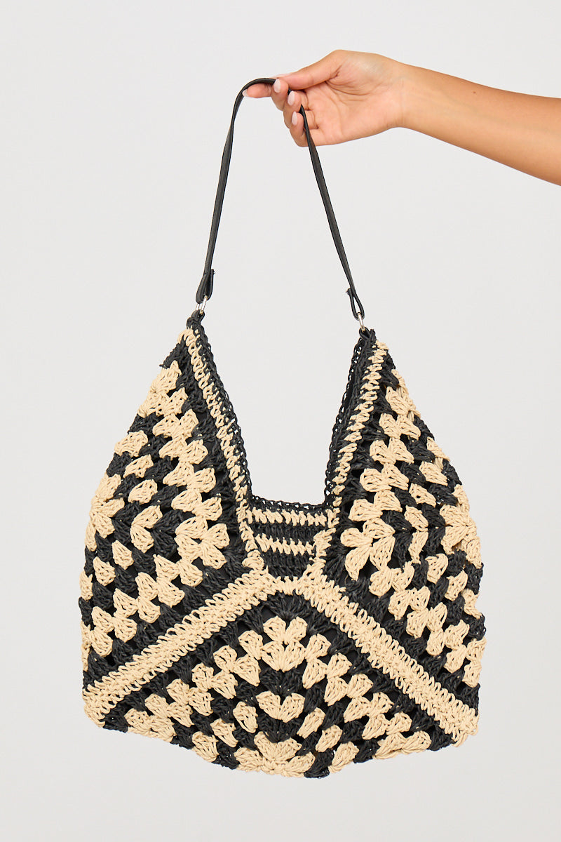 Valantomode | Chic Black Woven Straw Tote Bag for Stylish Outings
