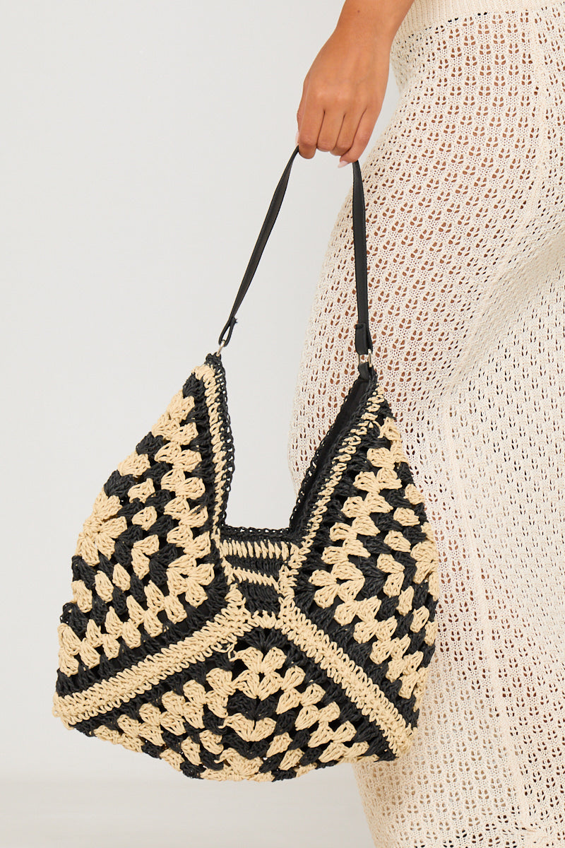Valantomode | Chic Black Woven Straw Tote Bag for Stylish Outings