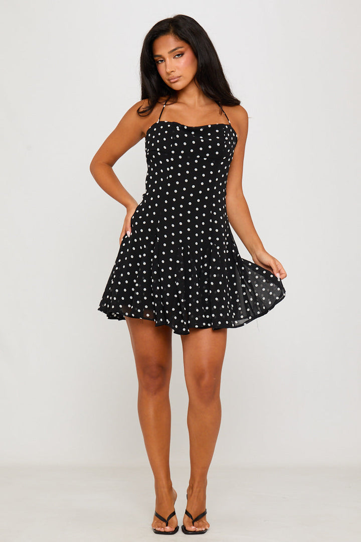 Valantomode | Chic Black Polka Dot Halter Neck Mini Dress for Stylish Nights