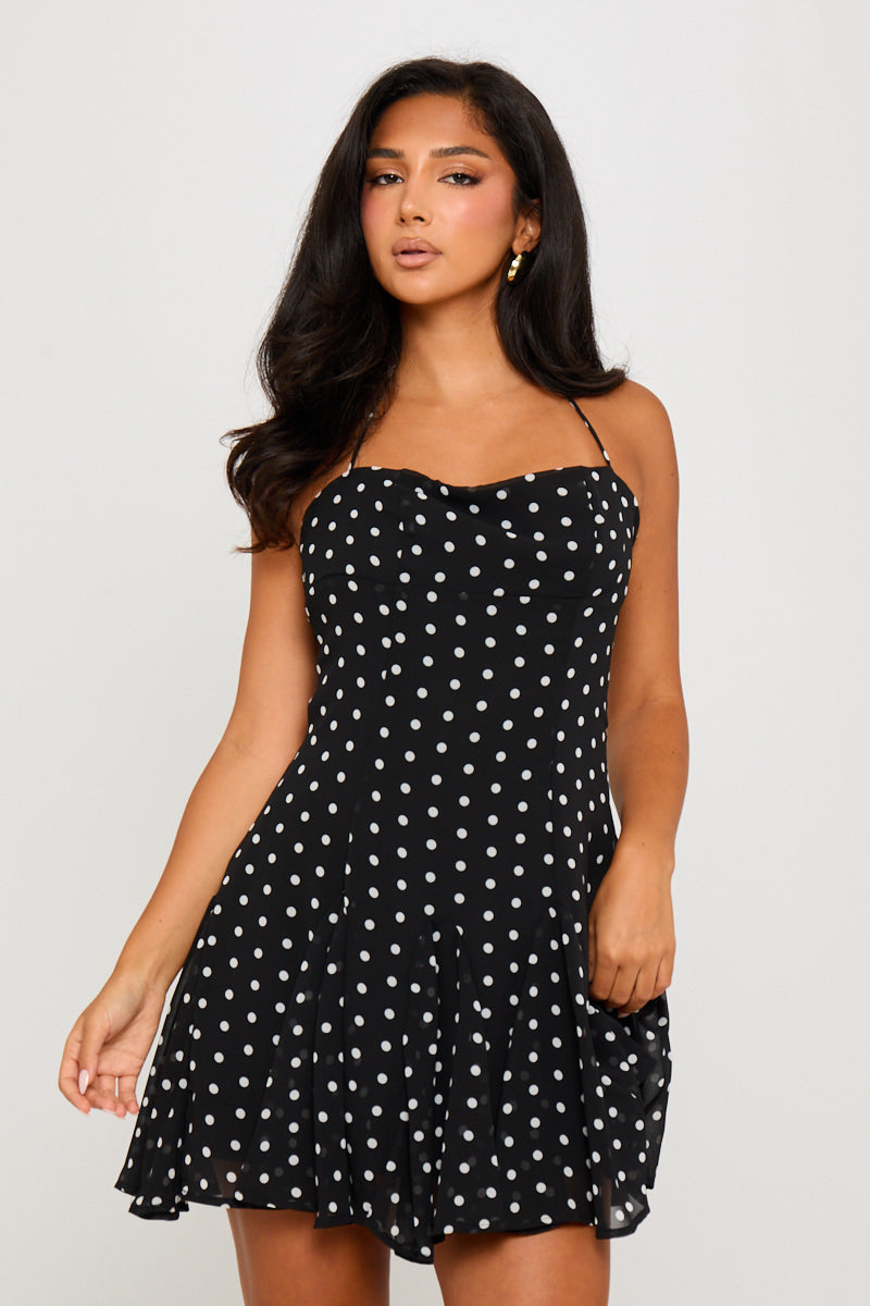 Valantomode | Chic Black Polka Dot Halter Neck Mini Dress for Stylish Nights
