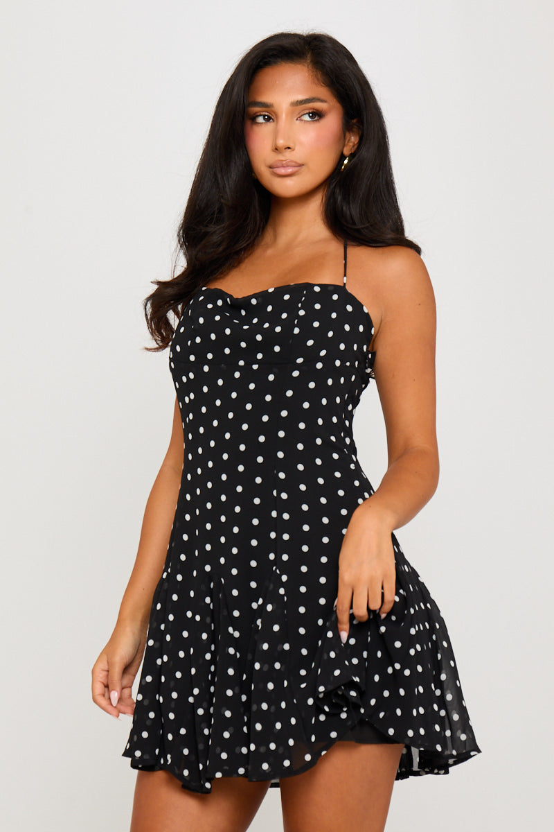 Valantomode | Chic Black Polka Dot Halter Neck Mini Dress for Stylish Nights