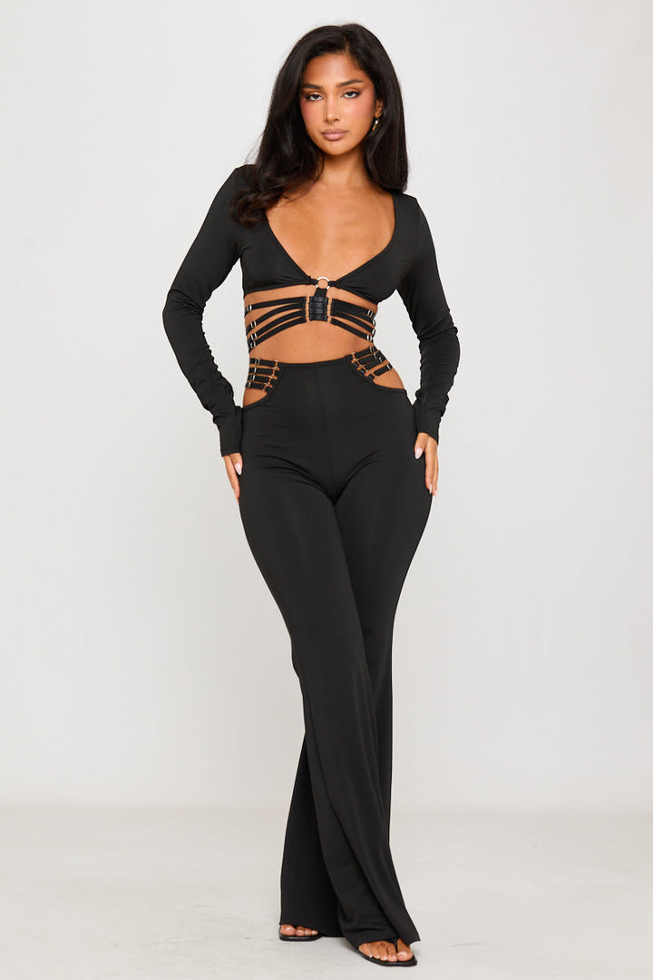 Valantomode | Chic Black Plunge Top & Flare Pants Set for Effortless Style