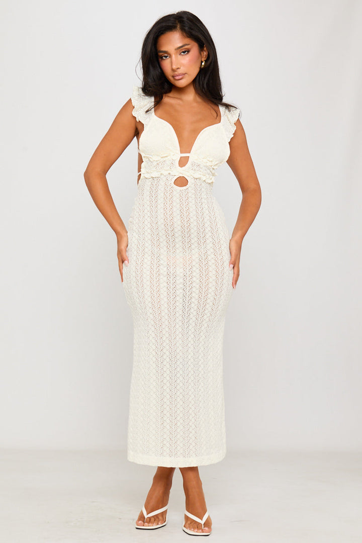 Valantomode | Elegant Cream Lace Ruffle Open Back Maxi Dress