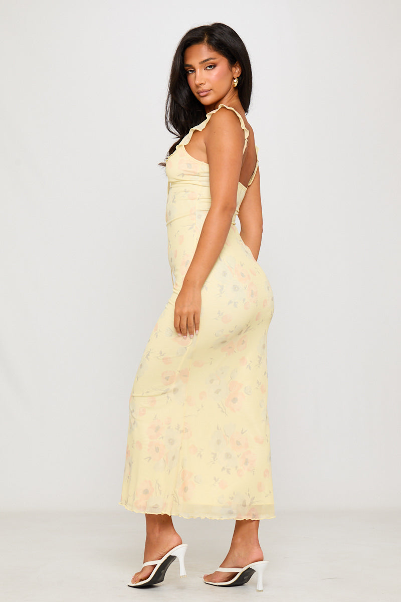Valantomode | Chic Yellow Floral Frill Maxi Dress for Effortless Elegance