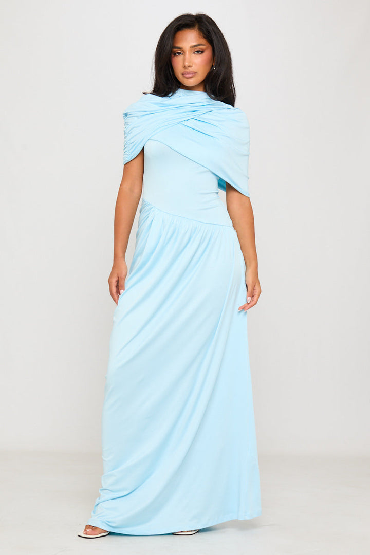 Valantomode | Chic Baby Blue Asymmetric Pleated Maxi Dress for Babies