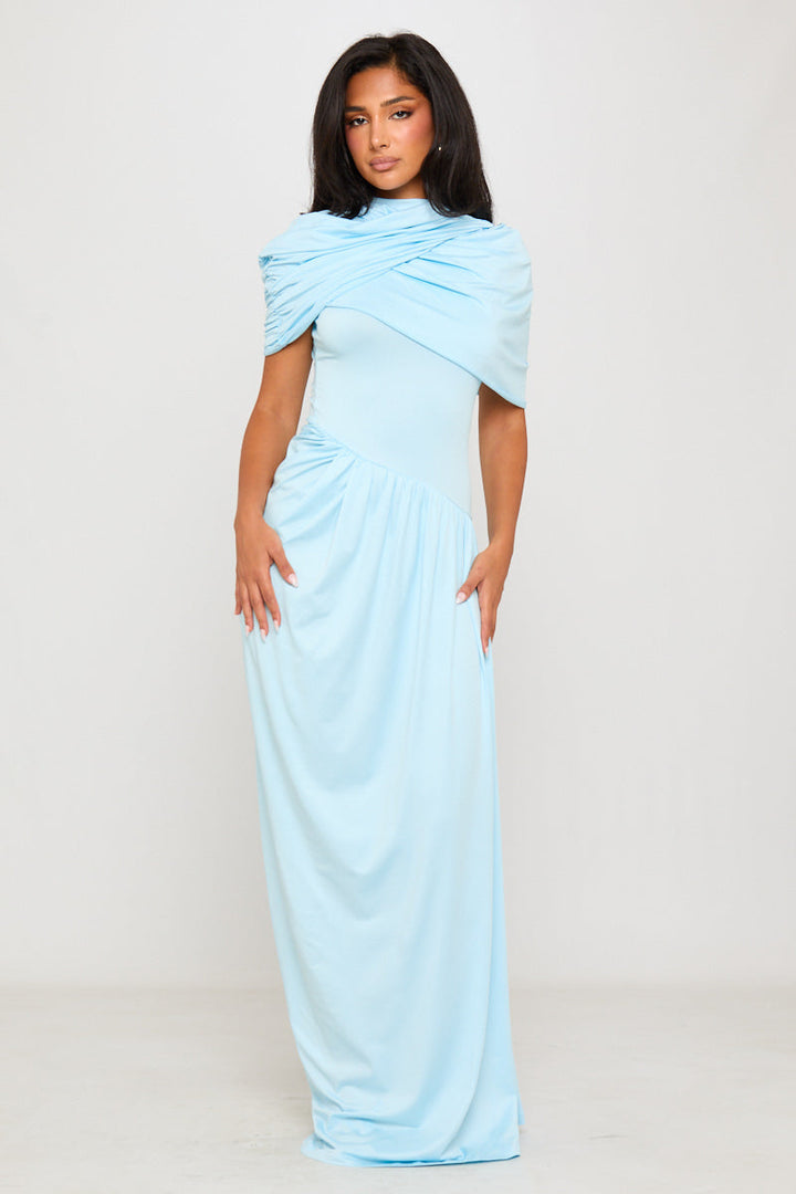 Valantomode | Chic Baby Blue Asymmetric Pleated Maxi Dress for Babies