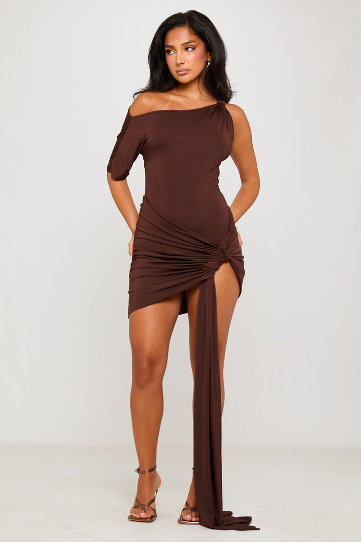 Valantomode | Chic Brown Asymmetric One Shoulder Mini Dress