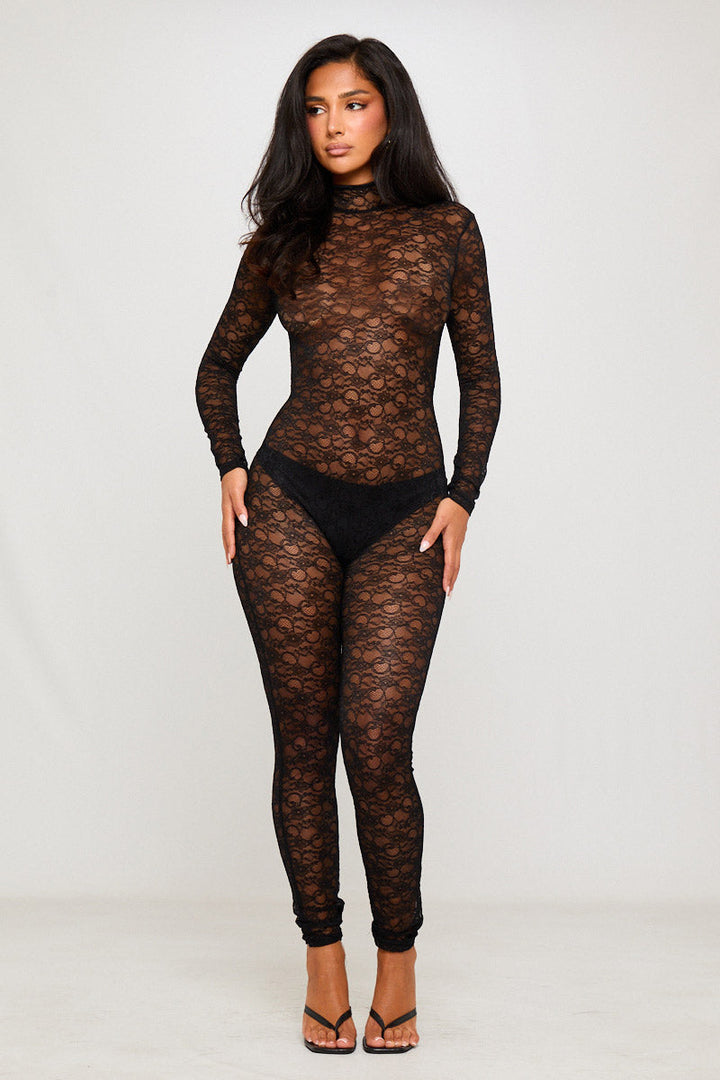 Valantomode | Elegant Black Lace High Neck Backless Jumpsuit