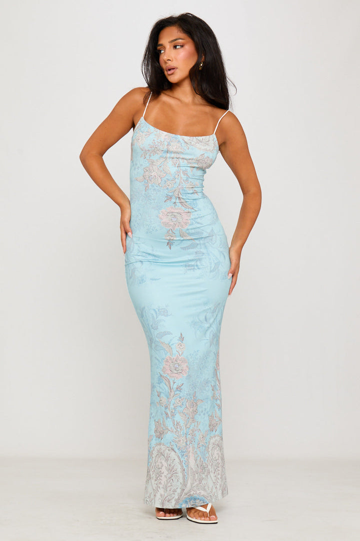 Valantomode | Strappy Light Blue Floral Maxi Dress for Effortless Elegance