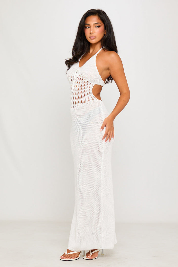 Valantomode | Elegant White Crochet Halter Open Back Maxi Dress