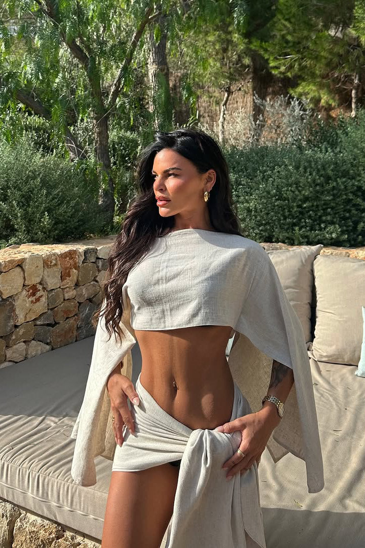 Valantomode | Chic Beige Linen Off-Shoulder Top & Mini Skirt Set