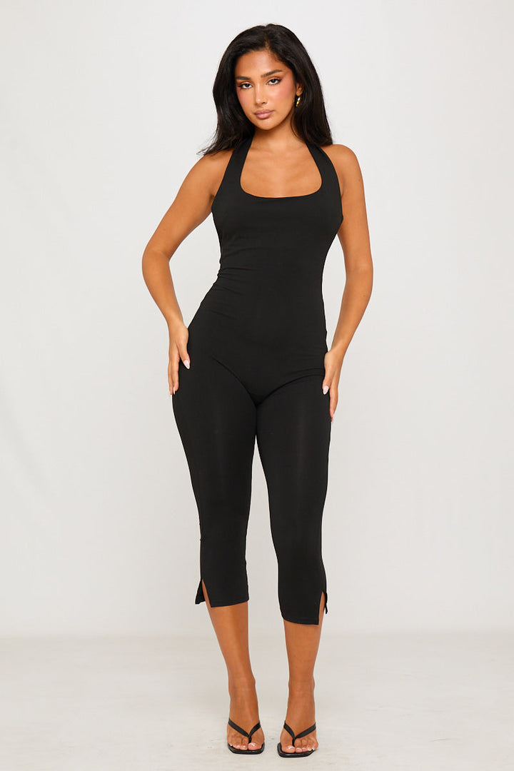 Valantomode | Chic Black Halter Neck Open Back Capri Jumpsuit