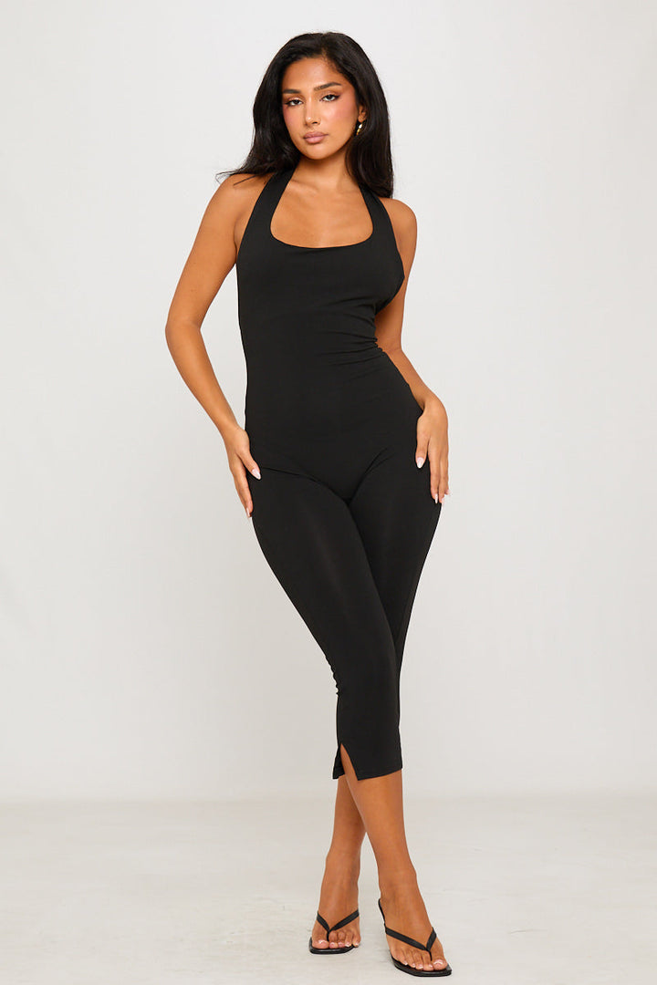 Valantomode | Chic Black Halter Neck Open Back Capri Jumpsuit