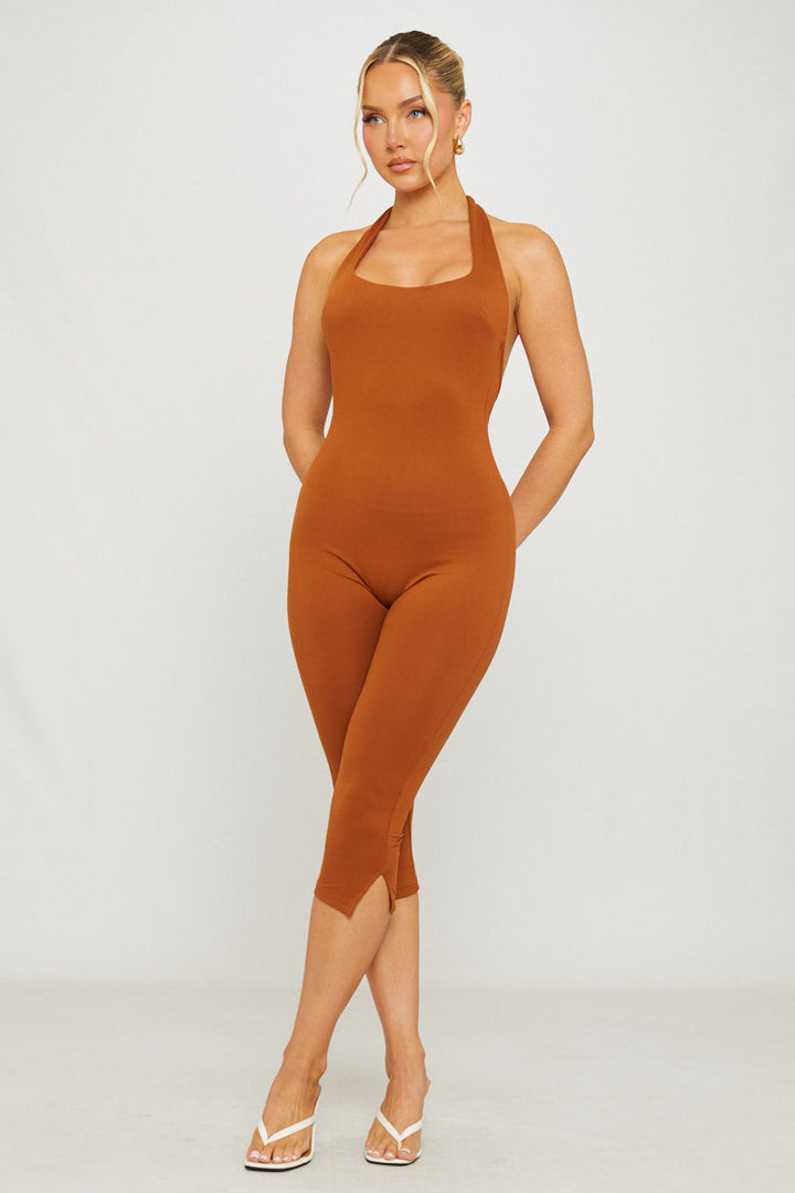 Valantomode | Chic Brown Halter Neck Open Back Capri Jumpsuit