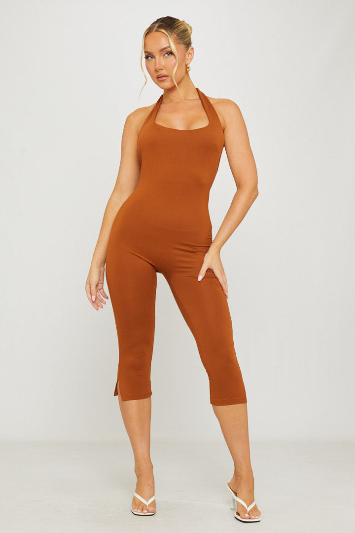 Valantomode | Chic Brown Halter Neck Open Back Capri Jumpsuit