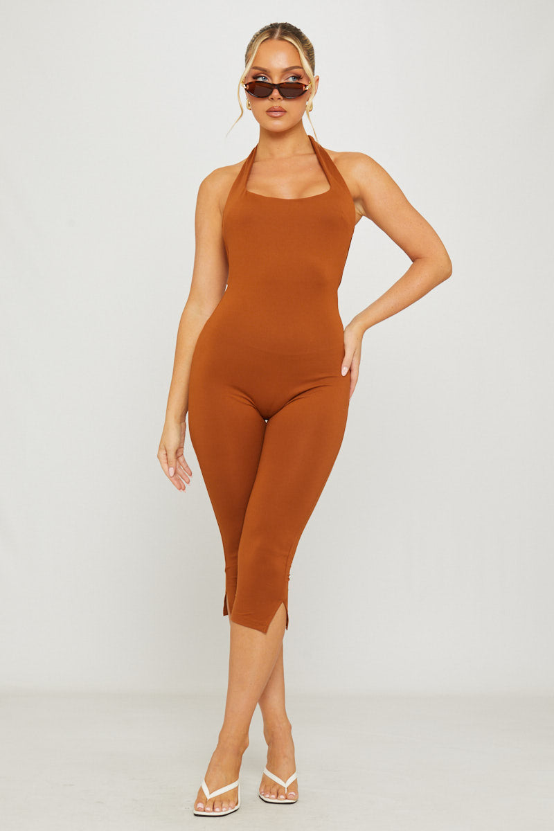 Valantomode | Chic Brown Halter Neck Open Back Capri Jumpsuit