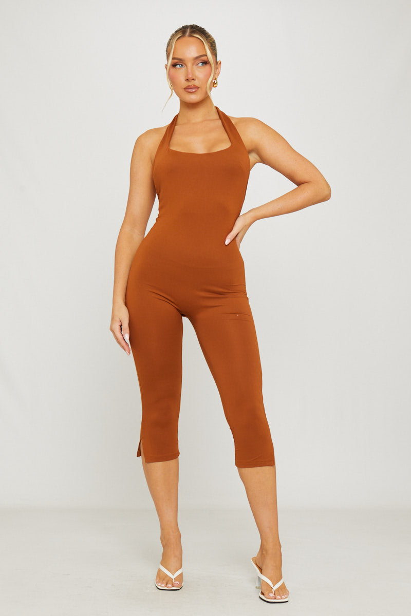 Valantomode | Chic Brown Halter Neck Open Back Capri Jumpsuit