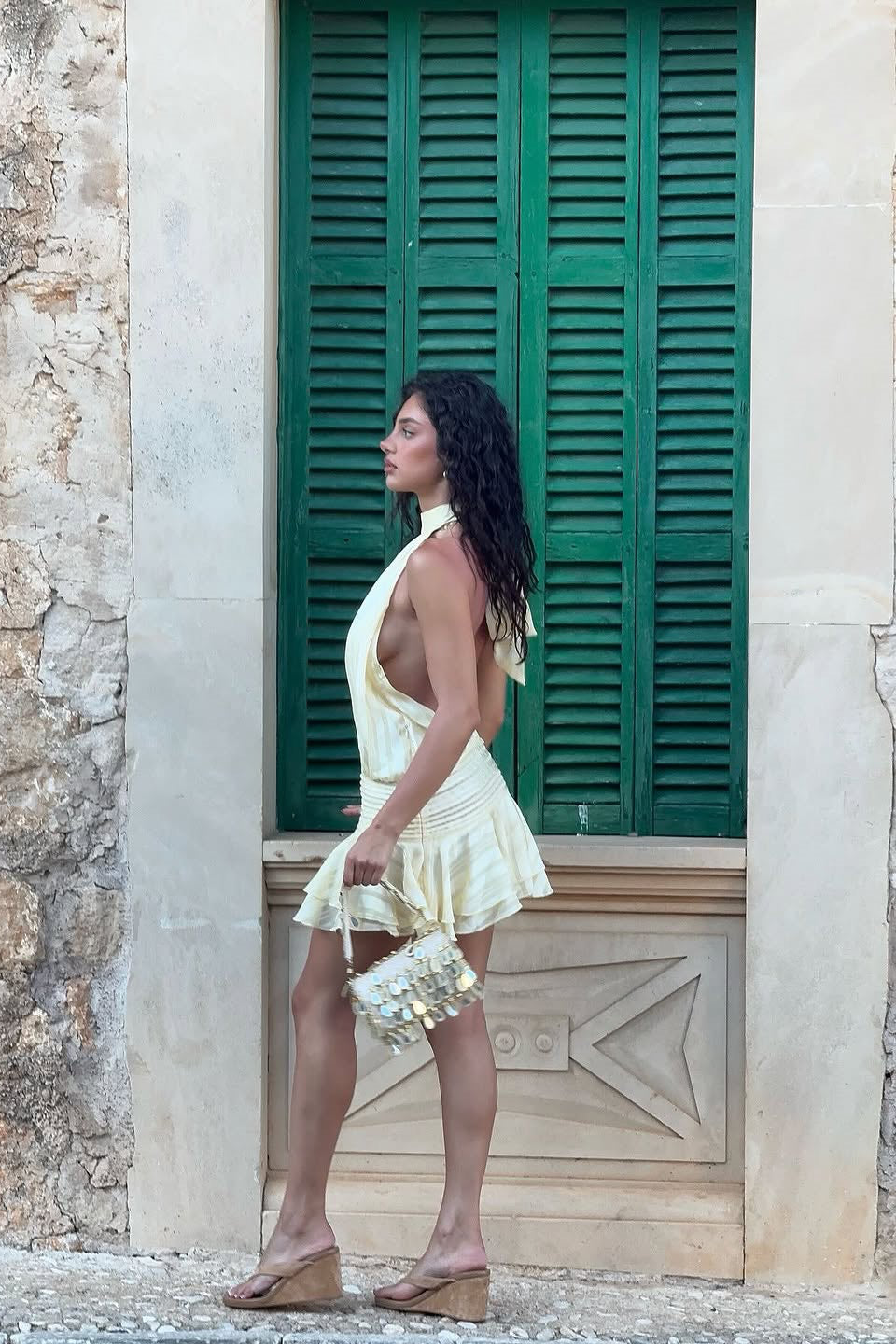 Valantomode | Elegant Cream Chiffon Halter Mini Dress with Tiered Design
