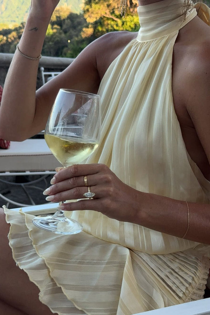 Valantomode | Elegant Cream Chiffon Halter Mini Dress with Tiered Design