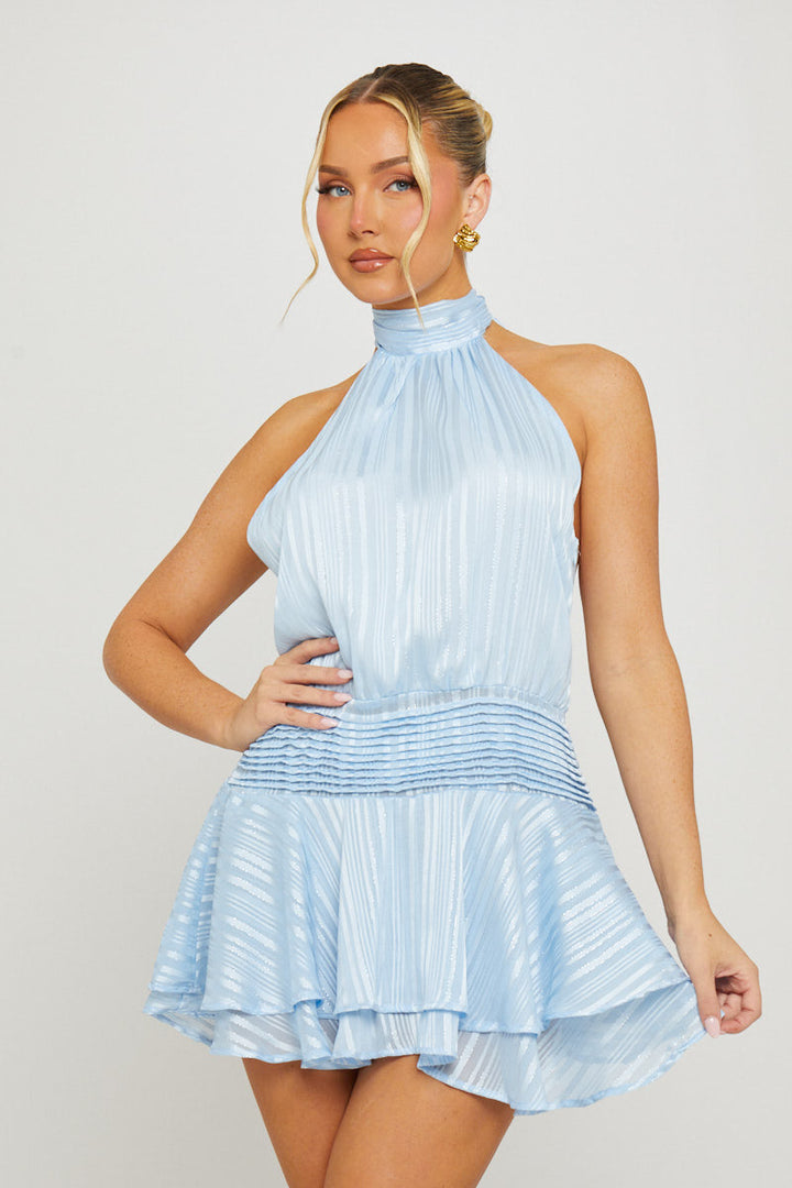 Valantomode | Elegant Light Blue Tiered Halter Neck Mini Dress