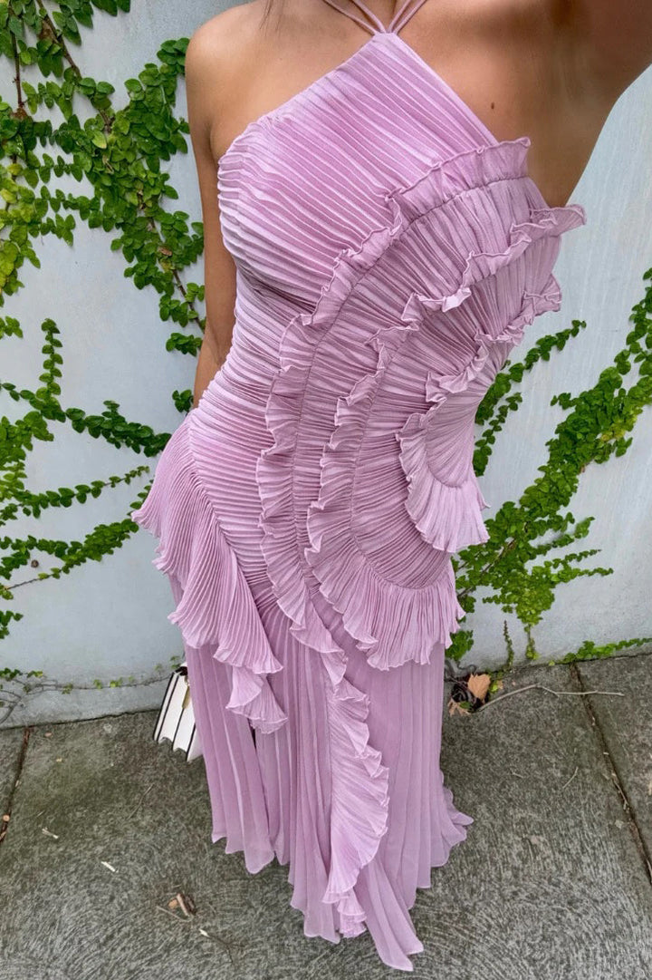Valantomode | Asymmetric Pink Halterneck Ruffle Gown Dress