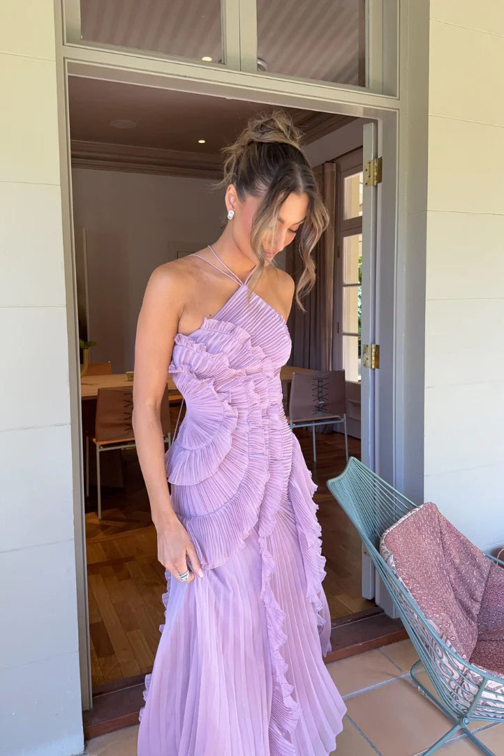 Valantomode | Asymmetric Pink Halterneck Ruffle Gown Dress
