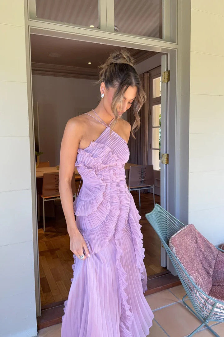 Valantomode | Asymmetric Pink Halterneck Ruffle Gown Dress