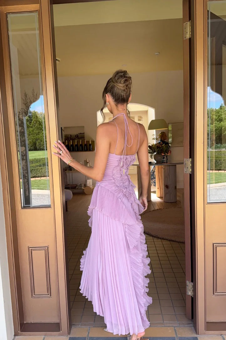 Valantomode | Asymmetric Pink Halterneck Ruffle Gown Dress