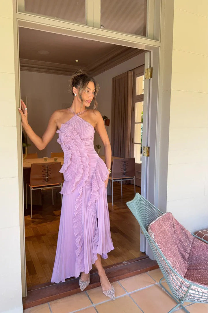 Valantomode | Asymmetric Pink Halterneck Ruffle Gown Dress