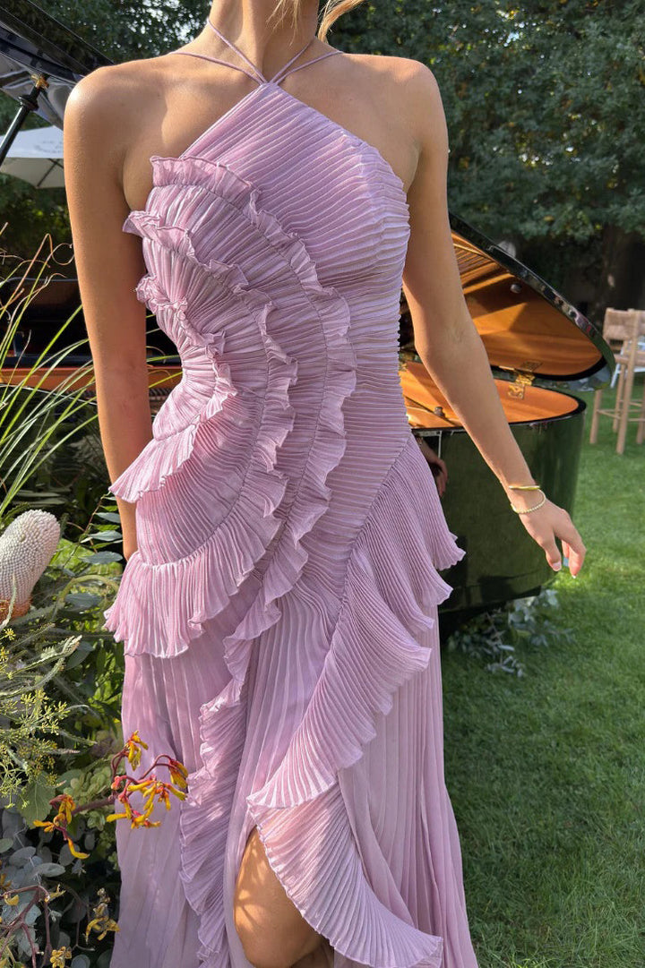 Valantomode | Asymmetric Pink Halterneck Ruffle Gown Dress