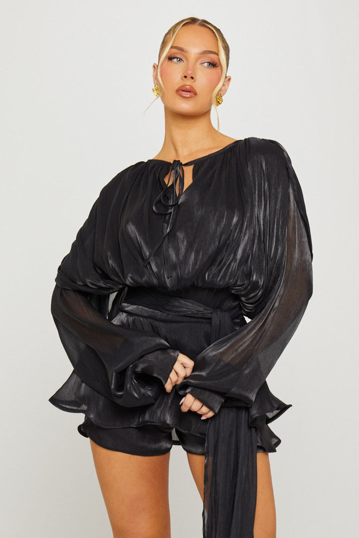 Valantomode | Chic Black Ruffle Mini Dress with Pleated Design