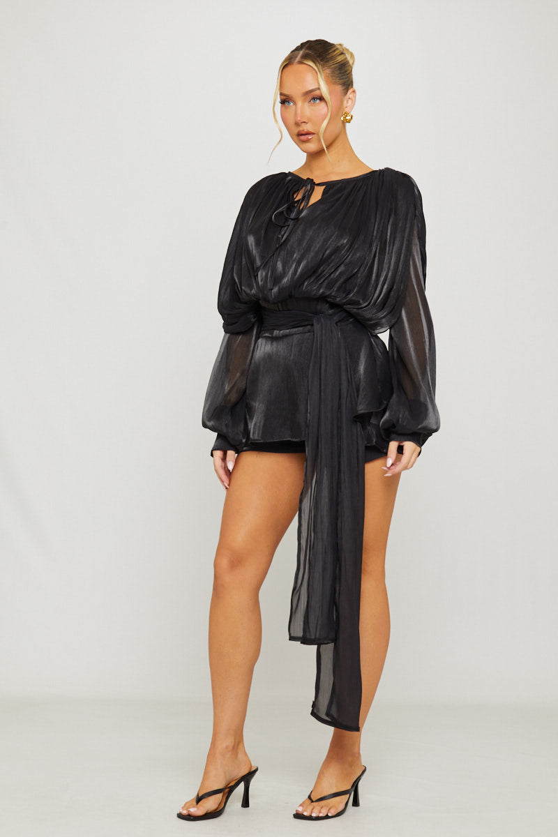 Valantomode | Chic Black Ruffle Mini Dress with Pleated Design