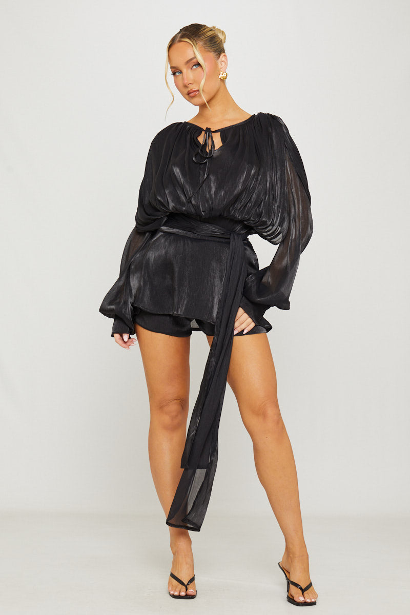 Valantomode | Chic Black Ruffle Mini Dress with Pleated Design